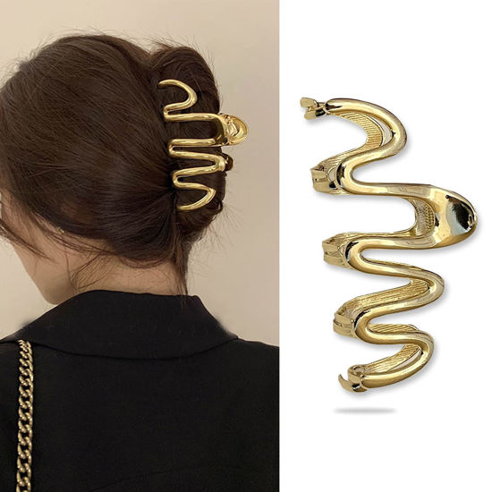 Picture of Wavy Irregular Shape Metal Hair Claw Clips, 1Pcs Gold Shark Claw Non-slip Head Clip Elegant Hair Accessories for Daily Hair Accessories Decorations (Gold Wave)