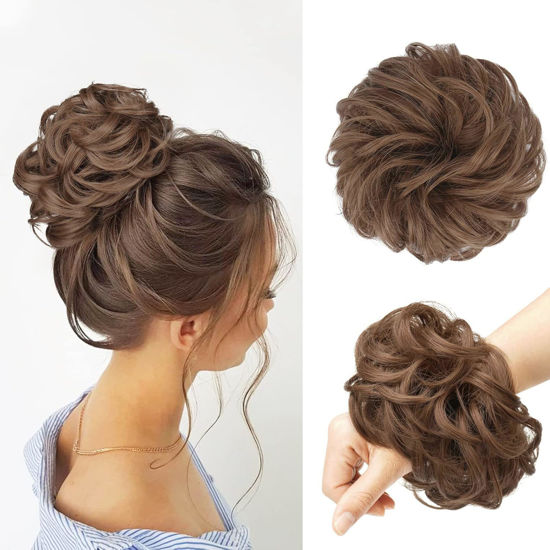 Picture of FESHFEN Messy Bun Hair Piece - Large Wavy Curly Elastic Hair Bun Scrunchies Ponytail Extensions Synthetic Chignon Hairpieces for Women, Light Golden Brown 1.94oz