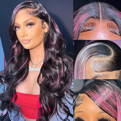 Picture of KeaBalo Ombre Lace Front Wig Human Hair Skunk Stripe Human Hair Wigs 13x4 Hd Lace Frontal Body Wave Highlight Pink Human Hair Wig Pink and Black Colored Wigs Human Hair 180% Density 26 Inch