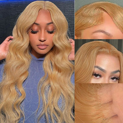 Picture of KeaBalo Honey Blonde Lace Front Wigs Human Hair Pre Plucked with Baby Hair 13x4 Blonde Body Wave Hd Lace Front Wigs Human Hair for Women 180% Density #27 Colored Frontal Wigs Human Hair Wigs 22 Inch
