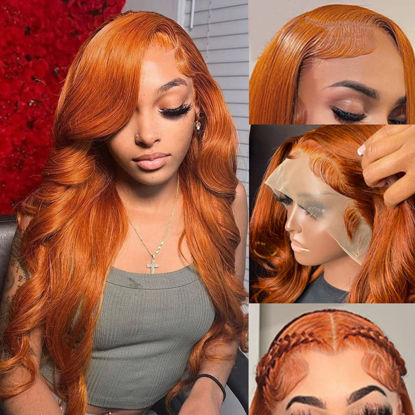 Picture of KeaBalo Ginger Orange Lace Front Wigs Human Hair Pre Plucked with Baby Hair Body Wave 13x4 HD Lace Frontal Wigs Human Hair Colored 180% Density Brazilian 88J Wigs for Women 28 Inch