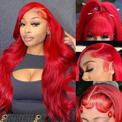 Picture of Red Lace Front Wigs Human Hair Pre Plucked 13x4 Body Wave Colored Red Human Hair Wig Hd Lace Frontal Wigs Human Hair 180% Density Glueless Wigs Human Hair 32 Inch