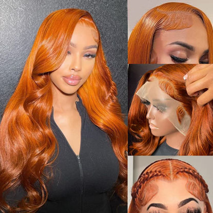 Picture of KeaBalo Ginger Orange Lace Front Wigs Human Hair Pre Plucked with Baby Hair Body Wave 13x4 HD Lace Frontal Wigs Human Hair Colored 180% Density Brazilian 88J Wigs for Women 26 Inch