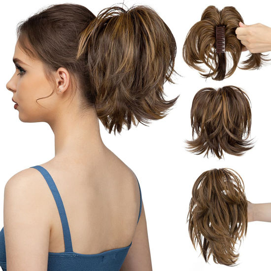 Picture of CJL HAIR Claw Clip Short Ponytail Hair Extensions DIY Bendable Metals Messy Bun Hair Piece for Wonen Straight Synthetic Fake Hairpieces Dark Brown/Golden Blonde