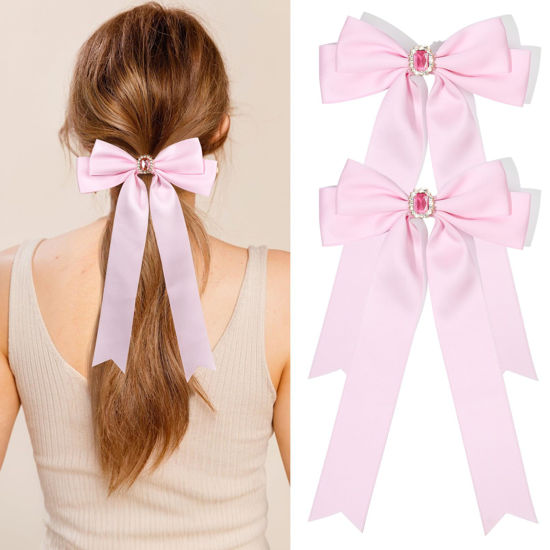 Picture of 2PCS Hair Bows for Women Hair Clip Pink Hair Ribbon Rhinestone Hair Accessories Glitter Bowknot Long Hair Barrettes for Women Girls Toddlers Teens Kids