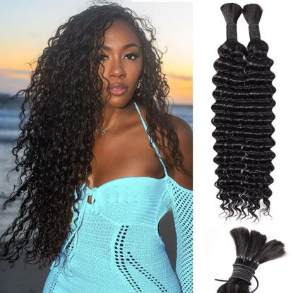 Picture of Human Braiding Hair 12A Deep Water Wave Bulk Human Hair 100g 18 Inch Curly Human Hair for Boho Braids Hair Extensions No Weft 2 Braids Per Pack Wet and Wavy Human Hair Braiding Hair Natural Black