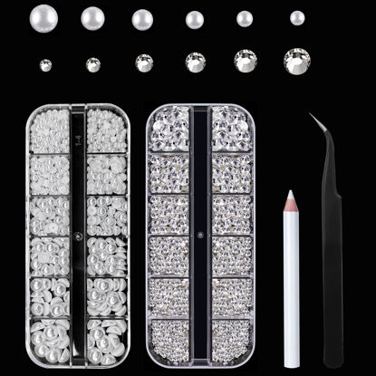Picture of Gems Flat Back Pearls and Rhinestones for Nails,Crystals Nail Charms Diamonds for Acrylic Nails,Tiny Nail Pearls Beads for Nail Art,Small Eye Jewels Rhinestones Pearls,with Wax Pen And Tweezers(White)