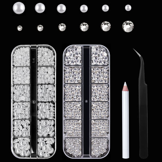 Picture of Gems Flat Back Pearls and Rhinestones for Nails,Crystals Nail Charms Diamonds for Acrylic Nails,Tiny Nail Pearls Beads for Nail Art,Small Eye Jewels Rhinestones Pearls,with Wax Pen And Tweezers(White)