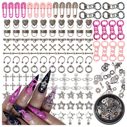 Picture of BBATT-HAPPY 144PCS Nail Charms for Acrylic Nails,Silver Star Planet Cross Punk Door Handle Pin Handcuffs Mechanical Parts Alloy Nail Art Accessories,Nail Jewels for Nail Art Supplies Craft DIY