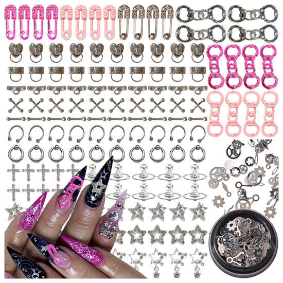 Picture of BBATT-HAPPY 144PCS Nail Charms for Acrylic Nails,Silver Star Planet Cross Punk Door Handle Pin Handcuffs Mechanical Parts Alloy Nail Art Accessories,Nail Jewels for Nail Art Supplies Craft DIY