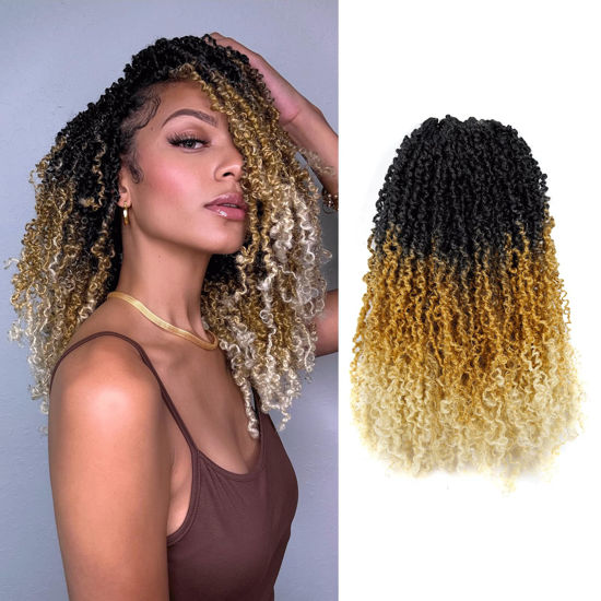 Picture of Toyotress Yanky Twist Crochet Hair - 6 Inch 8 Packs (30 Strands/Pcs) Fluffy Spring Mini Twist Passion Twist, 3 Tones Ombre Blonde Pre-Looped Crochet Braids Braiding Hair (6 Inch, OT27/613-8P)