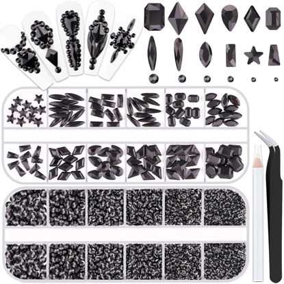 Picture of 3220Pcs Black Glass Nail Rhinestones 120Pcs Multi Shapes Flatback Gems Crystal + 3100Pcs 1.5-4mm Round Beads, Manicure Diomand Jewelry Gemstones for Nail Design Makeup Acrylic Nails Decoration