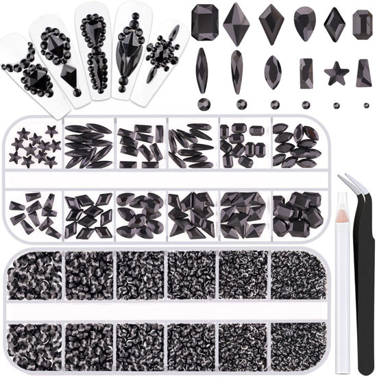 Picture of 3220Pcs Black Glass Nail Rhinestones 120Pcs Multi Shapes Flatback Gems Crystal + 3100Pcs 1.5-4mm Round Beads, Manicure Diomand Jewelry Gemstones for Nail Design Makeup Acrylic Nails Decoration