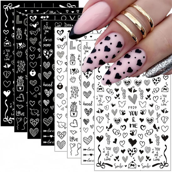 Picture of 8 Sheets Heart Nail Art Stickers Nail Decals 3D Self-Adhesive Black White Heart Design Nail Art Decals Valentine's Day Nail Art Supplies Charms Manicure Decoration for Women and Girls