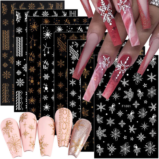 Picture of 8 Sheets Gold Silver Snowflake Nail Stickers Christmas Nail Art Stickers 3D Self-Adhesive Snowflakes French Nail Decals Winter Xmas Nail Art Design Supplies for New Year Manicure Decoration