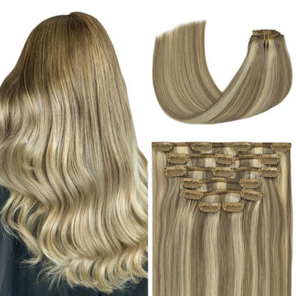 Picture of Aison Clip in Hair Extensions,20 Inch Ash Blonde Mixed Bleach Blonde Hair Extensions Clip in Hair Extensions Real Human Hair Double Weft 70g 7pcs #18p613