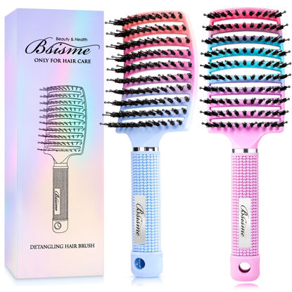 Picture of Boar Bristle Hair Brush, Curved Vented Detangler Brush Faster Blow Drying, Paddle Detangling Brush for Women Men Kids Wet Dry Long Curly Thick Straight Hair, Make Hair Shiny and Healthier(Purple+Blue)