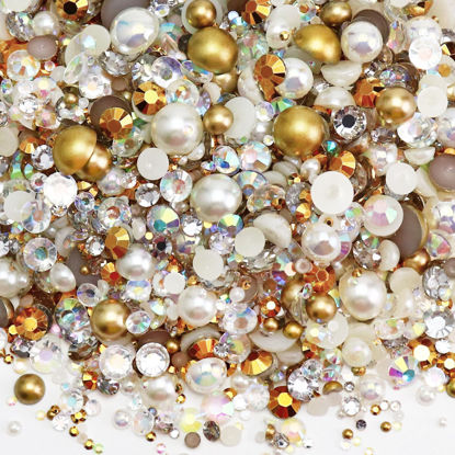 Picture of Briskbloom 60g Mix Flatback Pearls and Flatback Rhinestones for Crafts, 2mm-10mm Pearl Rhinestones for Nails Face Art Tumblers, Mix Rhinestones and Pearls, with Tweezers Wax Pen, Champagne Gold Blend