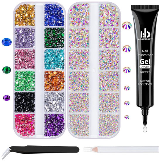 Picture of BELLEBOOST Nail Art Rhinestone Glue Gel&2 Boxes Flatback Gems Kit, 1 Tube of 15ml Rhinestone Gel Glue(UV/LED Needed)+Colorful Gems+Flat-Back Round Glass Crystal AB Gemstones with Pickup Tools