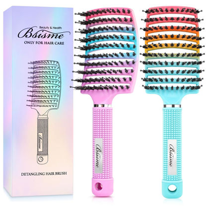 Picture of Boar Bristle Hair Brush Curved Vented Detangler Brush Faster Blow Drying, Paddle Detangling Brush for Women Men Kids Wet Dry Long Curly Thick Straight Hair, Make Hair Shiny and Healthier(Purple+Green)