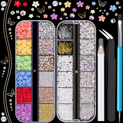 Picture of 3D Nail Charms, Butterfly Colorful Acrylic Flower Starry AB Gemstones Caviar Beads Half Round Pearl, Flat Back Glass Crystal AB + Clear Round Rhinestones for Nails with Pickup & Dotting Tools