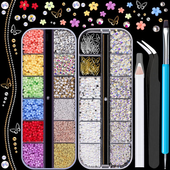Picture of 3D Nail Charms, Butterfly Colorful Acrylic Flower Starry AB Gemstones Caviar Beads Half Round Pearl, Flat Back Glass Crystal AB + Clear Round Rhinestones for Nails with Pickup & Dotting Tools