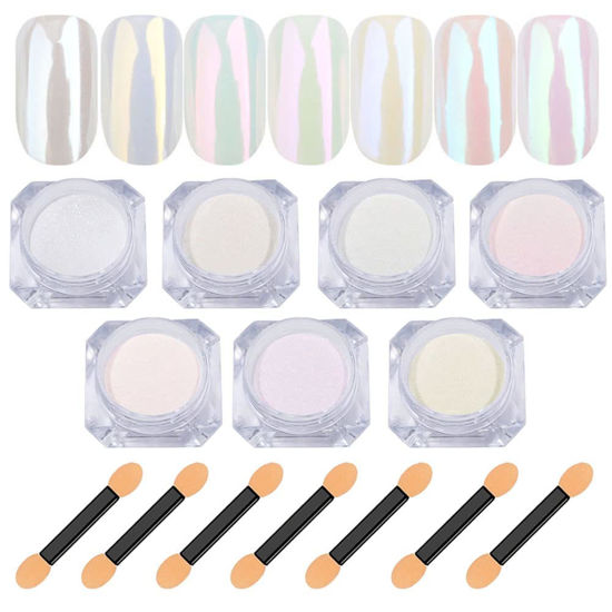 Picture of 7 Colors White Pearl Chrome Nail Powder Aurora Metallic Nail Powder Holographic Mirror Effect Chrome Powder Iridescent Shell Powder Glitter Nail Art Pigment Manicure Powder for Nails (White Pearl)