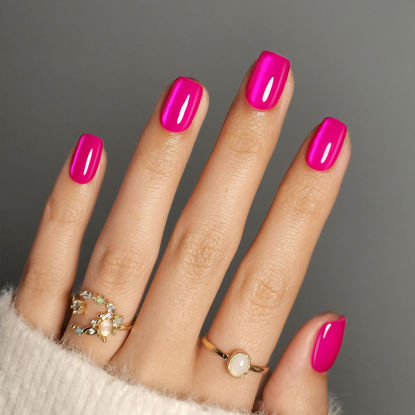 Picture of SHANGMENG Soft Gel Hot Pink Press on Nails Short - Cat Eye Valentines Press on Nails Square for Women Gift, Natural Fit & Glossy Stick on Nails with Glue in 16 Sizes - 32 Reusable Fake Nails, Hot Pink