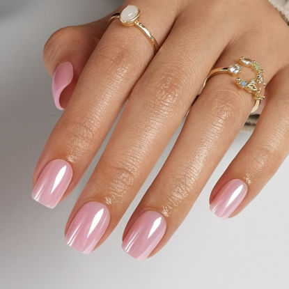 Picture of SHANGMENG Pink Chrome Press on Nails Square - Soft Gel Valentines Glazed Press on Nails Short for Women Gift, Glossy Stick on Nails with Glue in 16 Sizes - 32 Reusable Fake Nails, Aurora Light Pink