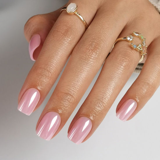 Picture of SHANGMENG Pink Chrome Press on Nails Square - Soft Gel Valentines Glazed Press on Nails Short for Women Gift, Glossy Stick on Nails with Glue in 16 Sizes - 32 Reusable Fake Nails, Aurora Light Pink