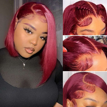 Picture of 99J Burgundy Lace Front Wigs 13x4 HD Lace Frontal Glueless Straight Short Bob Wig Human Hair Bob Wigs for Black Women Human Hair Pre Plucked Natural Hairline Wine Red 12 Inch