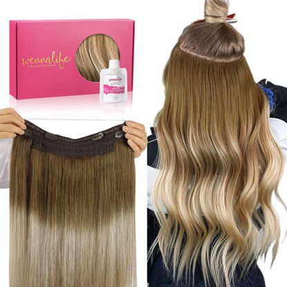 Picture of WENNALIFE Wire Hair Extensions (Increase 50% Lifespan) Real Human Hair 12 inch 70g Ombre Walnut Brown to Ash Brown Bleach Blonde Remy Wire Hair Extensions Invisible Straight Real Hair Extensions