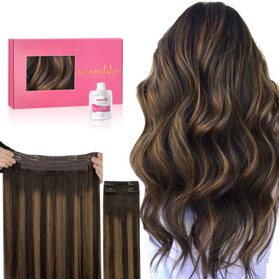 Picture of WENNALIFE Wire Hair Extensions (Increase 50% Lifespan) Real Human Hair 16 inch 125g Balayage Dark Brown to Chestnut Brown Remy Real Hair Extensions Invisible Wire Hair Extensions Human Hair Fish Line