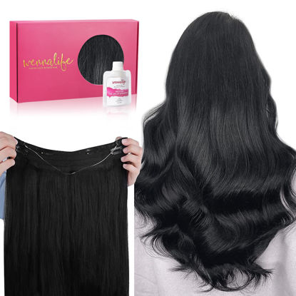 Picture of WENNALIFE Wire Hair Extensions (Increase 50% Lifespan) Real Human Hair 20 inch 110g Jet Black Remy Hair Extensions Invisible Transparent Wire Fish Line Hair Extensions Straight Real Hair Extensions