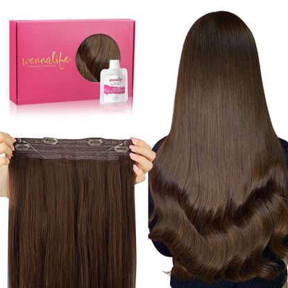 Picture of WENNALIFE Wire Hair Extensions (Increase 50% Lifespan) Real Human Hair 14 inch 75g Chocolate Brown Remy Wire Hair Extensions Invisible Transparent Fish Line Straight Real Hair Extensions
