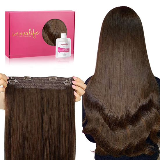 Picture of WENNALIFE Wire Hair Extensions (Increase 50% Lifespan) Real Human Hair 14 inch 75g Chocolate Brown Remy Wire Hair Extensions Invisible Transparent Fish Line Straight Real Hair Extensions