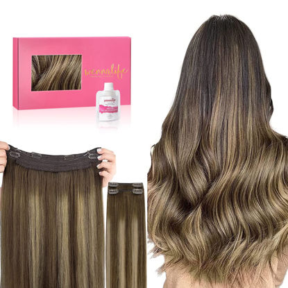 Picture of WENNALIFE Wire Hair Extensions (Increase 50% Lifespan) Real Human Hair 16 inch 125g Balayage Chocolate Brown to Caramel Blonde Remy Real Hair Extensions Invisible Wire Human Hair Extensions Fish Line