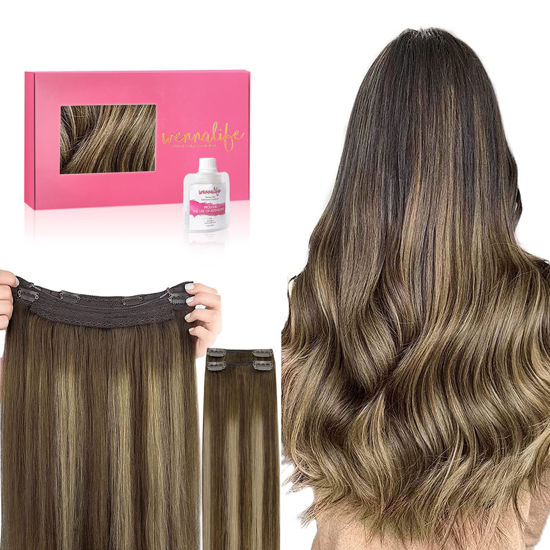 Picture of WENNALIFE Wire Hair Extensions (Increase 50% Lifespan) Real Human Hair 16 inch 125g Balayage Chocolate Brown to Caramel Blonde Remy Real Hair Extensions Invisible Wire Human Hair Extensions Fish Line