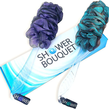 Picture of Loofah-Charcoal Back-Scrubbers Color-2-Pack-by-Shower-Bouquet: Long-Handle Bath-Sponge-Brushes with Extra Large Soft Mesh for Men & Women - Exfoliating Full Pure Cleanse in Bathing Accessories