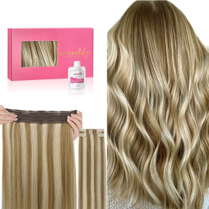 Picture of WENNALIFE Wire Hair Extensions (Increase 50% Lifespan) Real Human Hair 18 inch 125g Ash Brown Highlighted Golden Blonde Remy Real Hair Extensions Invisible Wire Hair Extensions Human Hair Fish Line