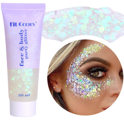 Picture of Paminify White Face Glitter Gel,Mardi Gras Singer Concerts Festival Rave Accessories,Mermaid Body Glitter,Carnival Halloween Hair Sequins Face Glitter Paint Makeup,Sparkling Chunky for Women&Kids,50ML