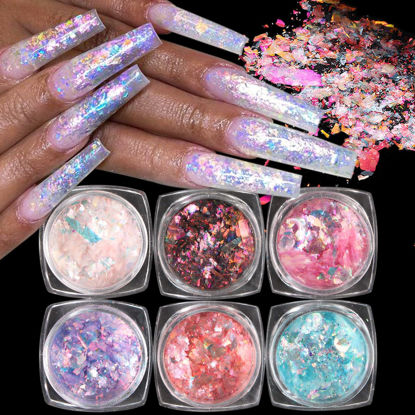 Picture of Fcozpjk Opal Nail Art Glitter Flakes, 6 Boxes Holographic Chunky Glitter Flakes Kit, Aurora Effect for Nails, Chameleon Nail Flakes Chrome Powder, Pink Blue Iridescent Sequins Paillettes