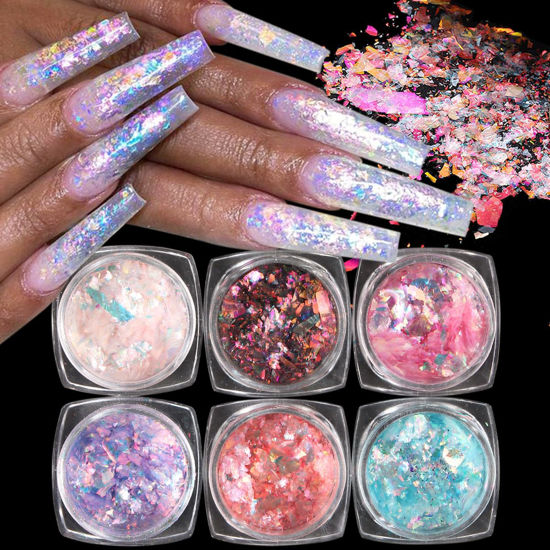 Picture of Fcozpjk Opal Nail Art Glitter Flakes, 6 Boxes Holographic Chunky Glitter Flakes Kit, Aurora Effect for Nails, Chameleon Nail Flakes Chrome Powder, Pink Blue Iridescent Sequins Paillettes