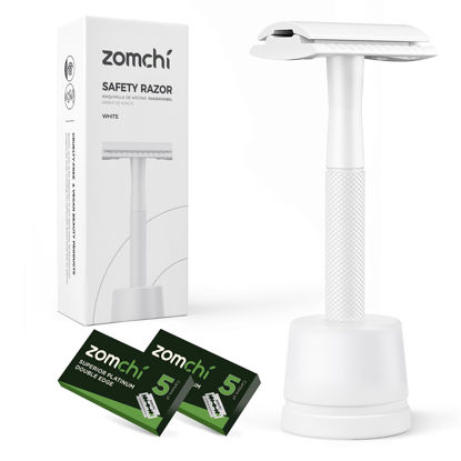 Picture of ZOMCHI Double Edge Safety Razor with Stand, Women Razor with 10 Double Edge Safety Razor Blades, Plastic Free Metal Razor - White
