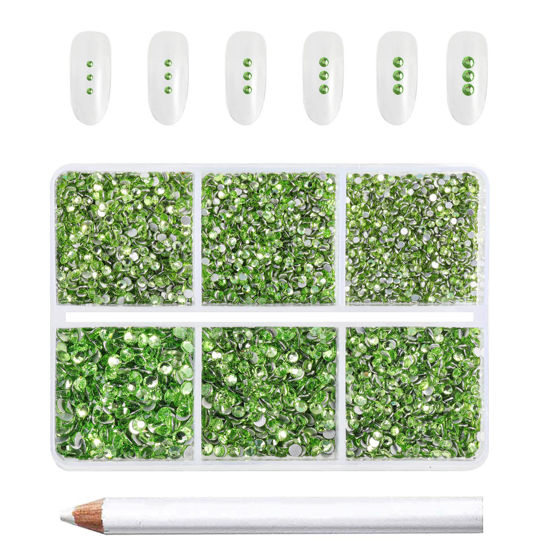 Picture of Beadsland 7200pcs Flatback Rhinestones,Light Green Rhinestones Nail Gems Round Crystal Rhinestones for Crafts,Mixed 6 Sizes with Wax Pencil Kit, SS3-SS10,Peridot/Light Green
