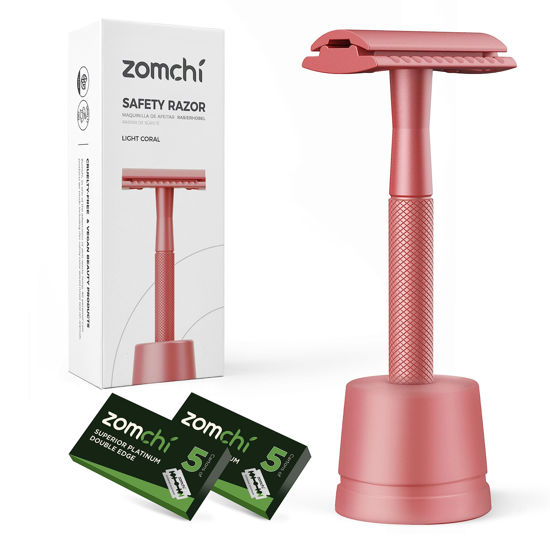 Picture of ZOMCHI Double Edge Safety Razor with Stand, Safety Shaving Razor with 10 Double Edge Safety Razor Blades, Single Blade Razor for Shaving -Light Coral