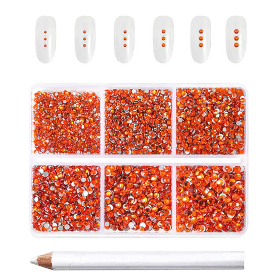 Picture of Beadsland 7200pcs Flatback Rhinestones,Orange Rhinestones Nail Gems Round Crystal Rhinestones for Crafts,Mixed 6 Sizes with Wax Pencil Kit, SS3-SS10,Hyacinth/Orange