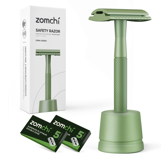 Picture of ZOMCHI Double Edge Close Comb Safety Razor with Stand, Shaving Razor for Men with 10 Safety Razor Blades, Reusable Single Blade DE Metal Razor - Fern Green