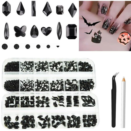 Picture of 2680Pcs Black Rhinestones Nail Gems, 120pcs Big Black Nails Charms with Bling Flatback Round Beads, Light Black Clear Diamond Stones Jewelry Supplies for DIY Face Eyes Makeup Crafts Decoration