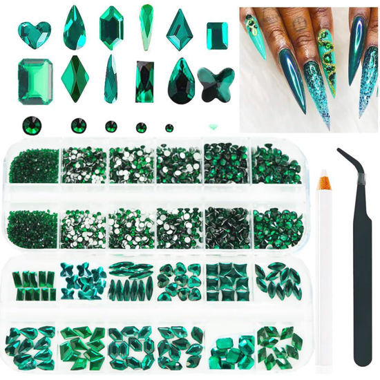 Picture of 2680Pcs Emerald Green Nail Rhinestones, 120Pcs Big Glass Green Diamond Nails Gem Stones with Bling Flatback Round Beads, Clear Nail Art Charms Jewelry for Face DIY Decoration with PickTool